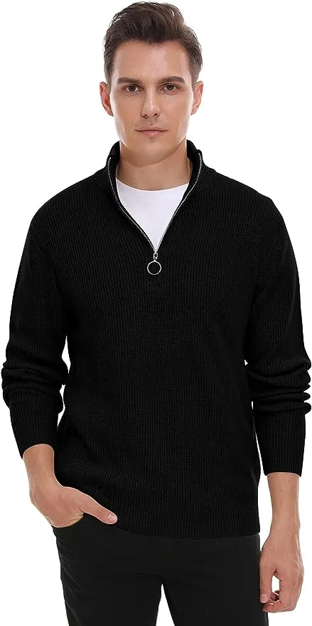 Men's Soft Sweaters Quarter Zip Pullover Classic Ribbed Turtleneck Sweater - Black