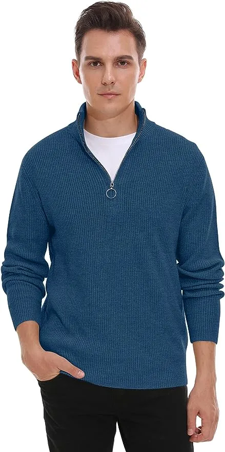 Men's Soft Sweaters Quarter Zip Pullover Classic Ribbed Turtleneck Sweater - Blue