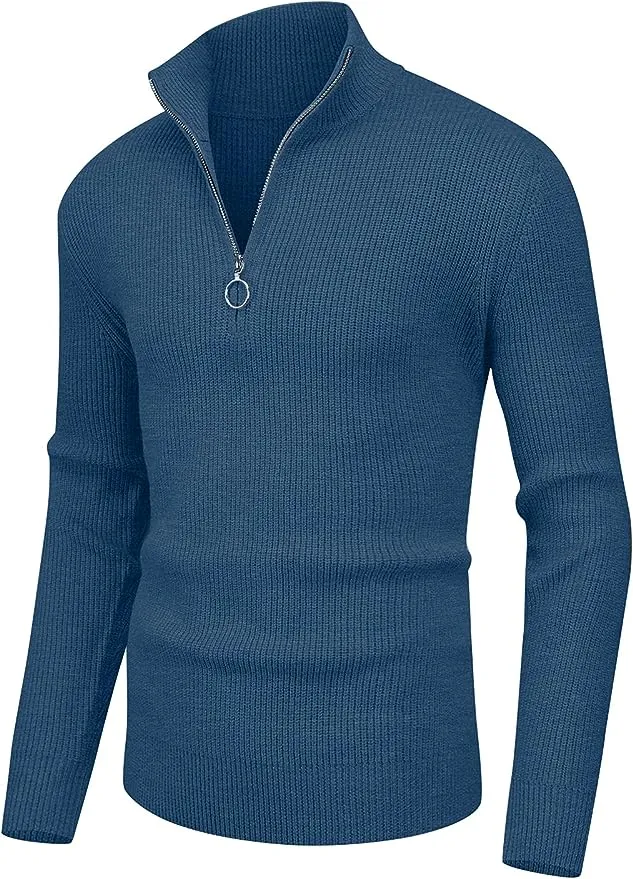 Men's Soft Sweaters Quarter Zip Pullover Classic Ribbed Turtleneck Sweater - Blue