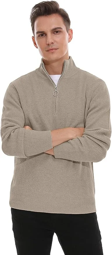 Men's Soft Sweaters Quarter Zip Pullover Classic Ribbed Turtleneck Sweater - Khaki