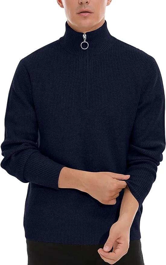 Men's Soft Sweaters Quarter Zip Pullover Classic Ribbed Turtleneck Sweater - Navy