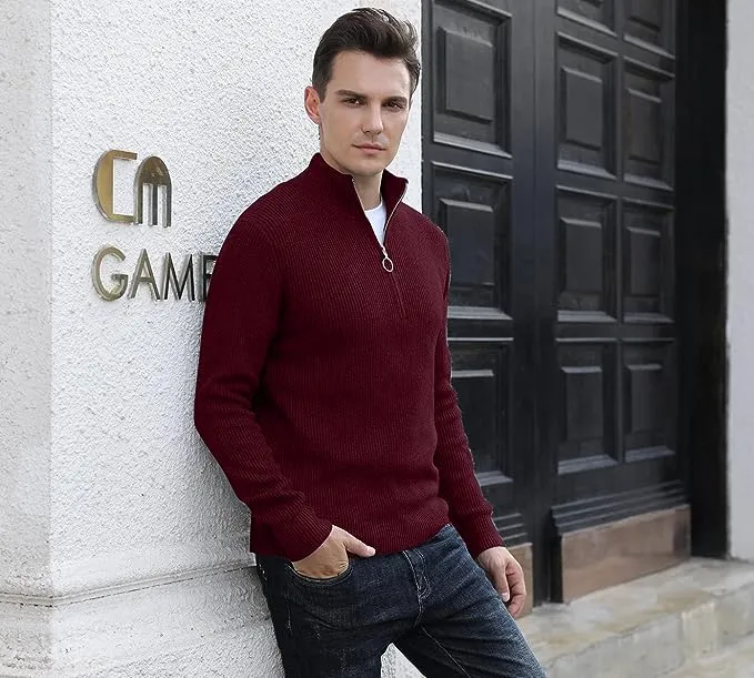 Men's Soft Sweaters Quarter Zip Pullover Classic Ribbed Turtleneck Sweater - Red Wine