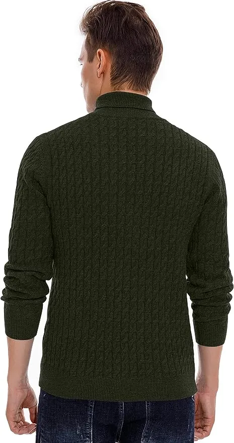 Men's Twisted Knitted Turtleneck Sweater Casual Soft Pullover Sweaters - Army Green