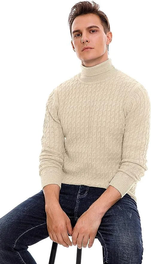 Men's Twisted Knitted Turtleneck Sweater Casual Soft Pullover Sweaters - Beige