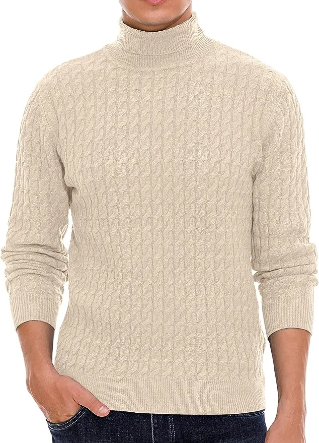 Men's Twisted Knitted Turtleneck Sweater Casual Soft Pullover Sweaters - Beige