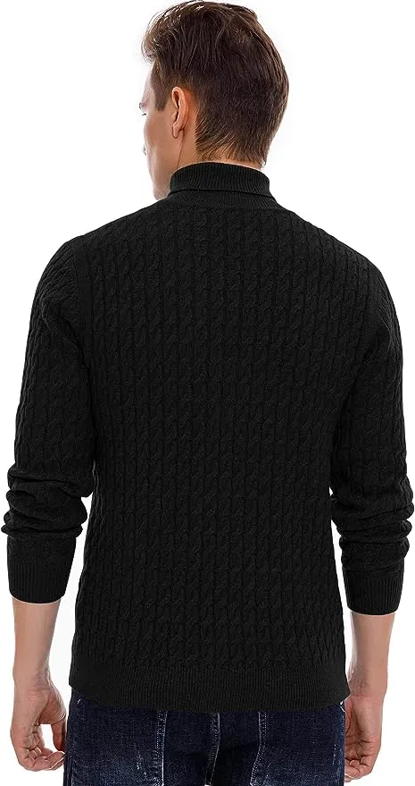 Men's Twisted Knitted Turtleneck Sweater Casual Soft Pullover Sweaters - Black