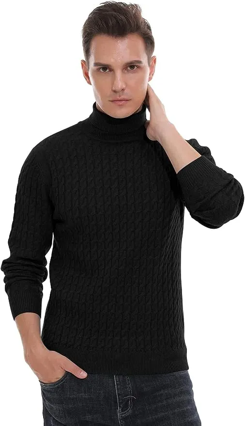 Men's Twisted Knitted Turtleneck Sweater Casual Soft Pullover Sweaters - Black