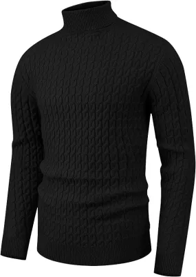 Men's Twisted Knitted Turtleneck Sweater Casual Soft Pullover Sweaters - Black