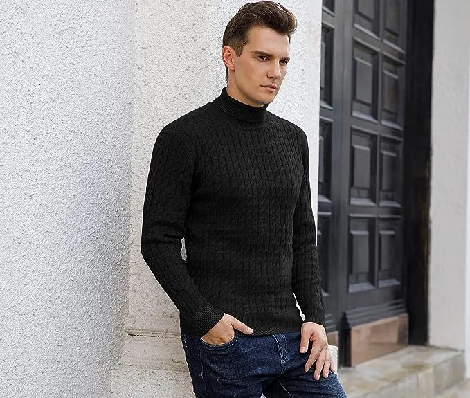 Men's Twisted Knitted Turtleneck Sweater Casual Soft Pullover Sweaters - Black