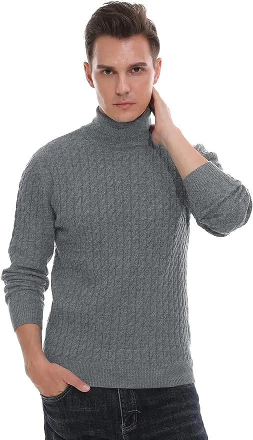 Men's Twisted Knitted Turtleneck Sweater Casual Soft Pullover Sweaters - Grey