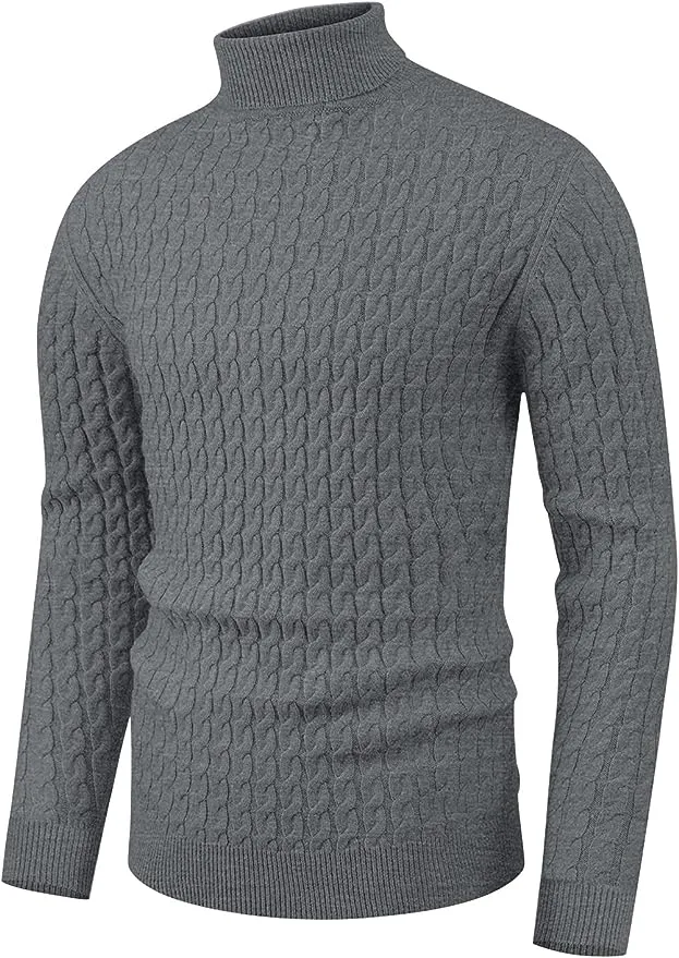 Men's Twisted Knitted Turtleneck Sweater Casual Soft Pullover Sweaters - Grey