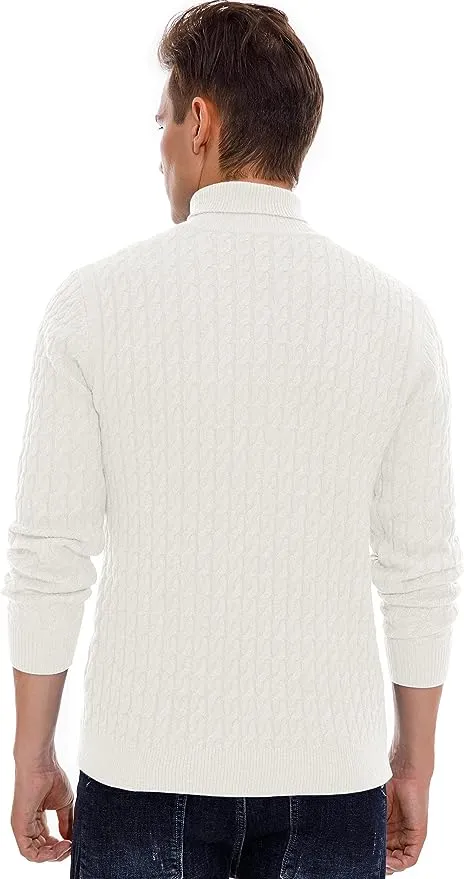 Men's Twisted Knitted Turtleneck Sweater Casual Soft Pullover Sweaters - White