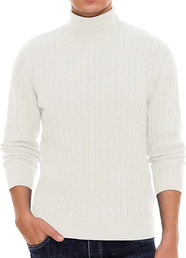 Men's Twisted Knitted Turtleneck Sweater Casual Soft Pullover Sweaters - White