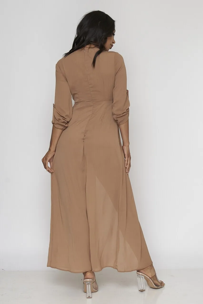 Mocha Brown Long Sleeve Romper Maxi Dress