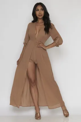 Mocha Brown Long Sleeve Romper Maxi Dress