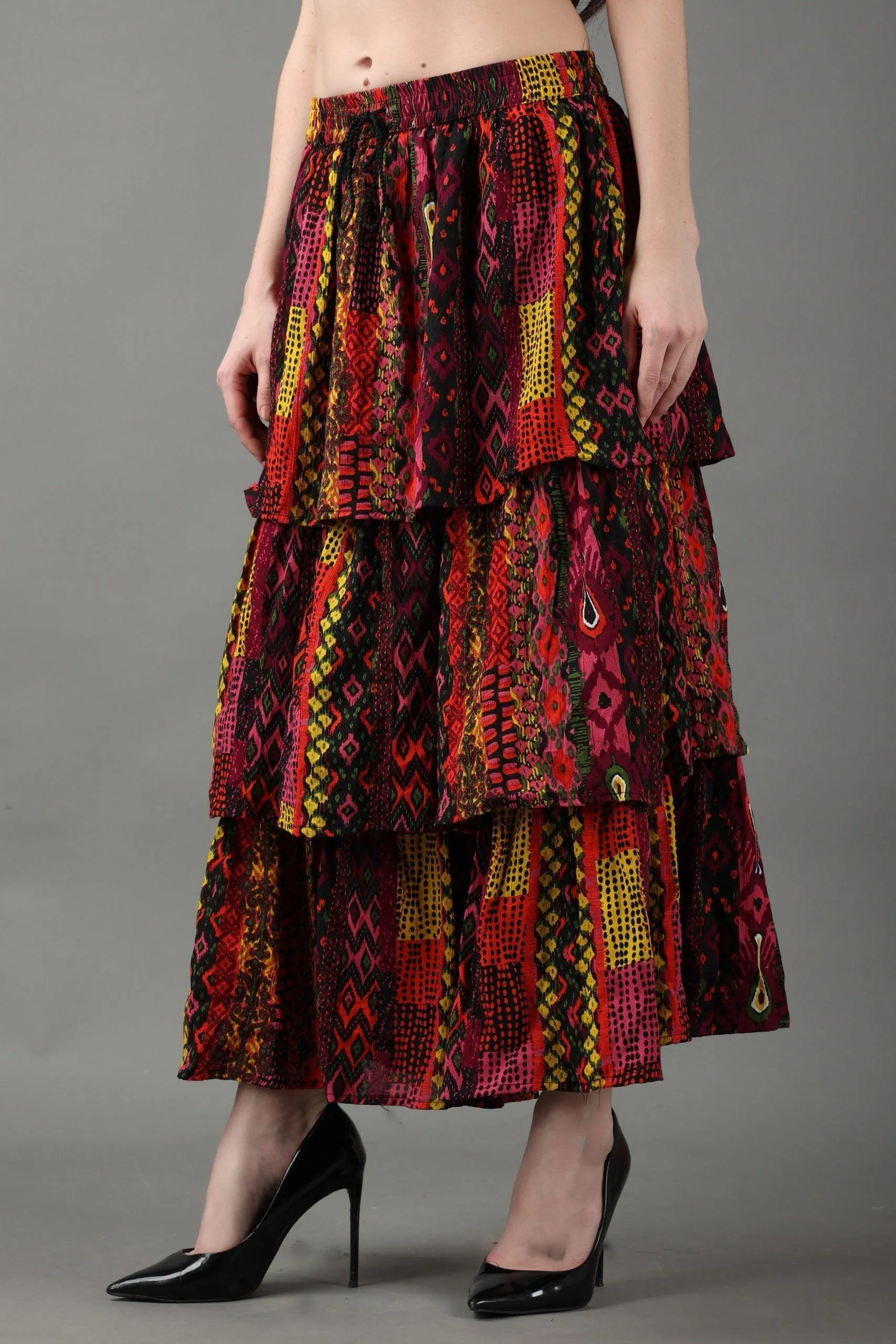 Multicolored Abstract Printed Layered Skirt