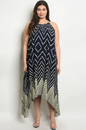 Navy Blue Chevron Stripe Plus Size Maxi Dress