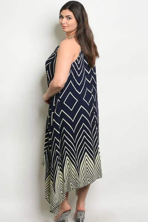 Navy Blue Chevron Stripe Plus Size Maxi Dress