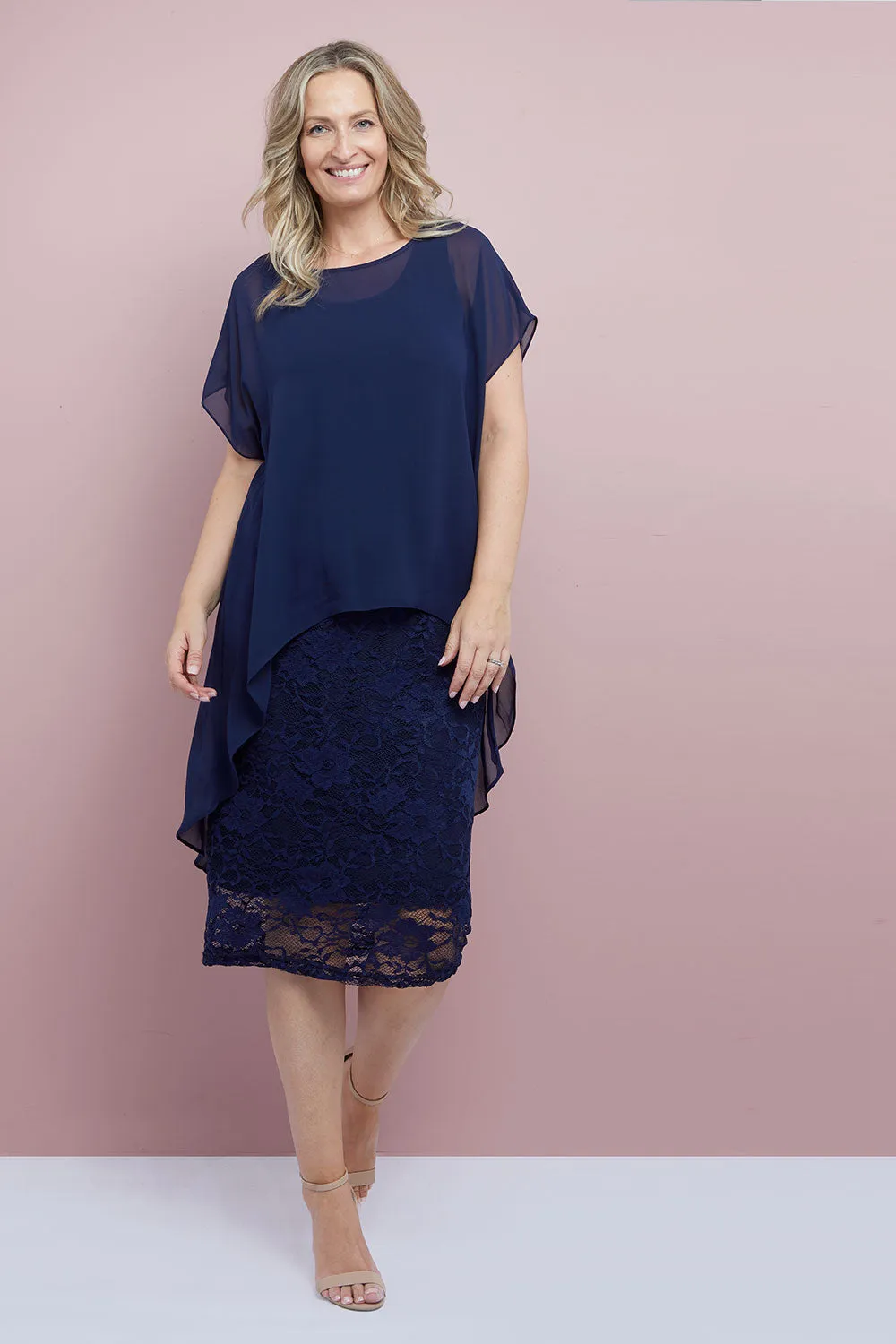 Ophelia Lace & Chiffon Dress - Navy