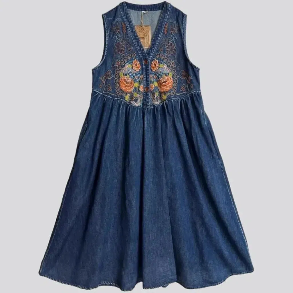 Ornamented boho sleeveless denim dress