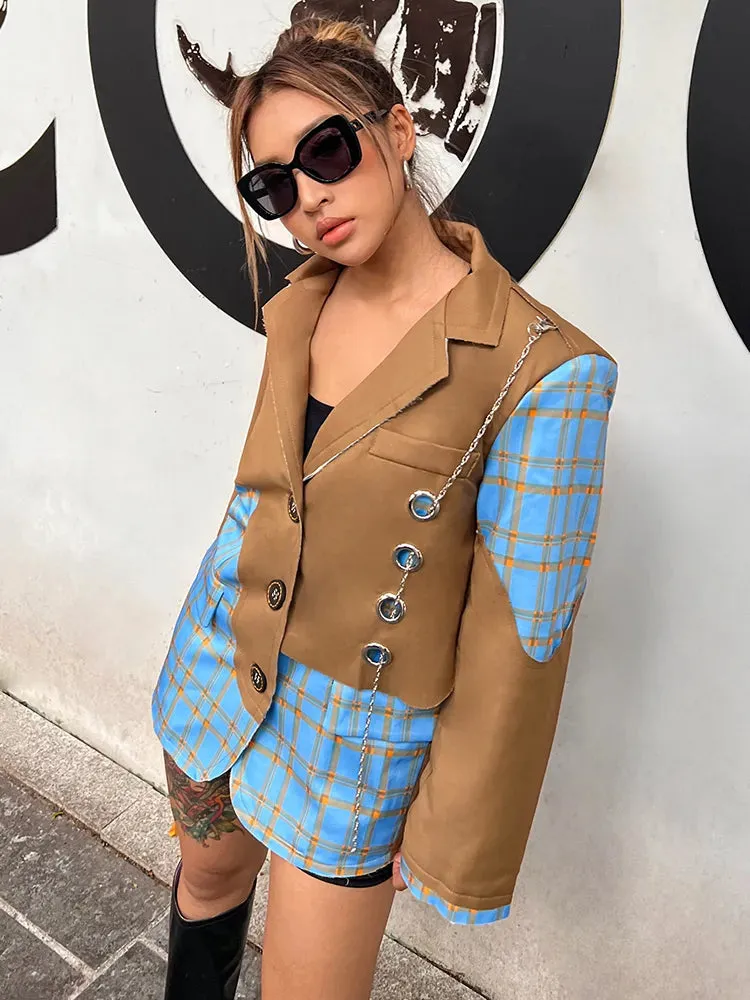 Patchwork Chain Blazer For Women Notched Long Sleeve Plaid Colorblock Loose Blazers Female Autumn Fashion Clothing