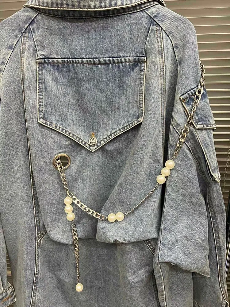 Patchwork Chain Designer Denim Jackets For Women Lapel Long Sleeve Spliced Pockets Loose Jacket Female Fashion