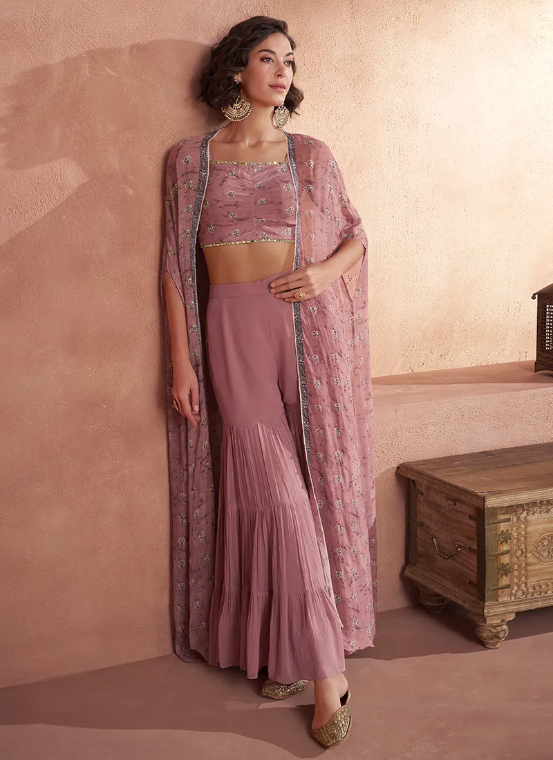 Pink Sequence Embroidery Cape Style Palazzo Suit