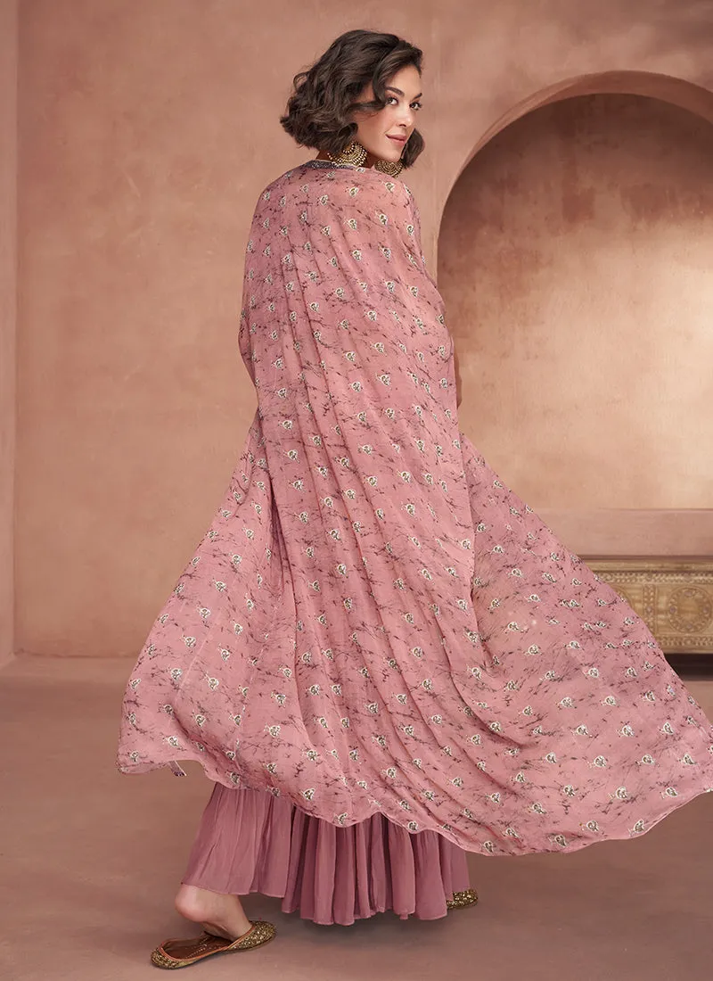 Pink Sequence Embroidery Cape Style Palazzo Suit