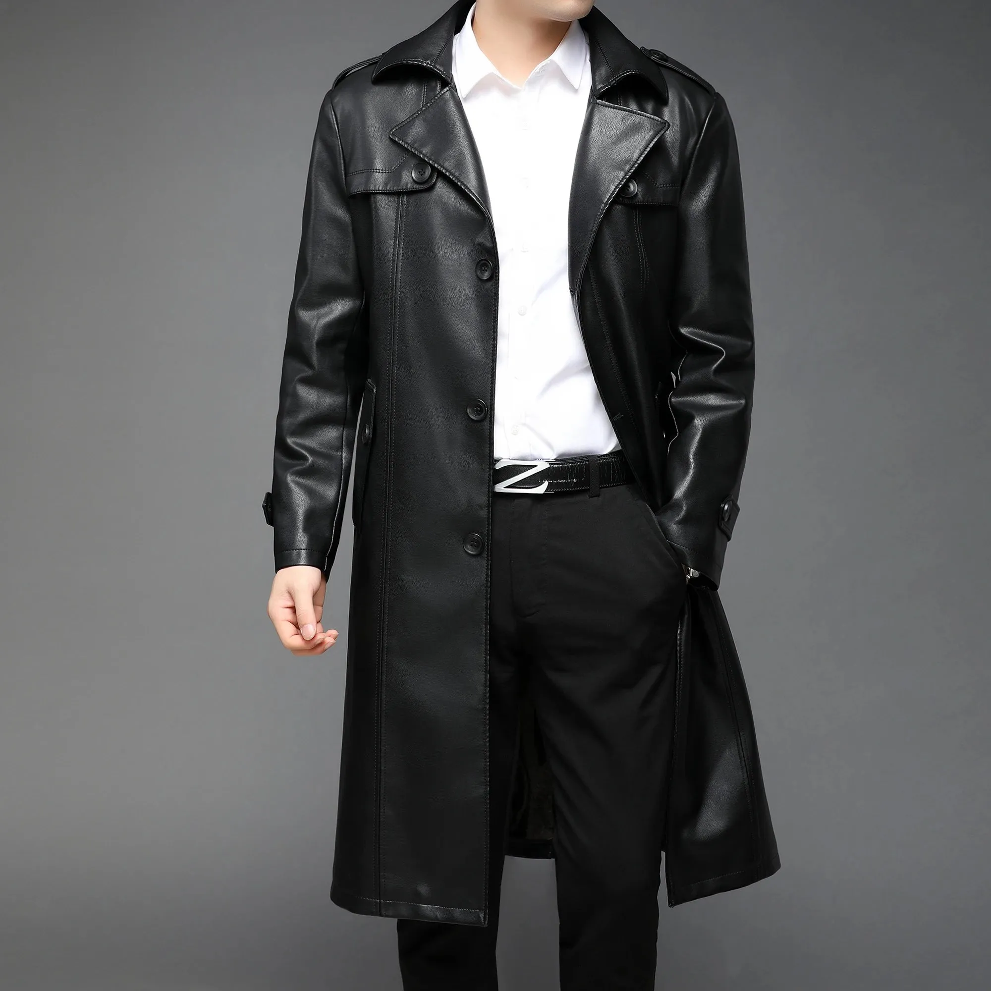 PU leather long coat