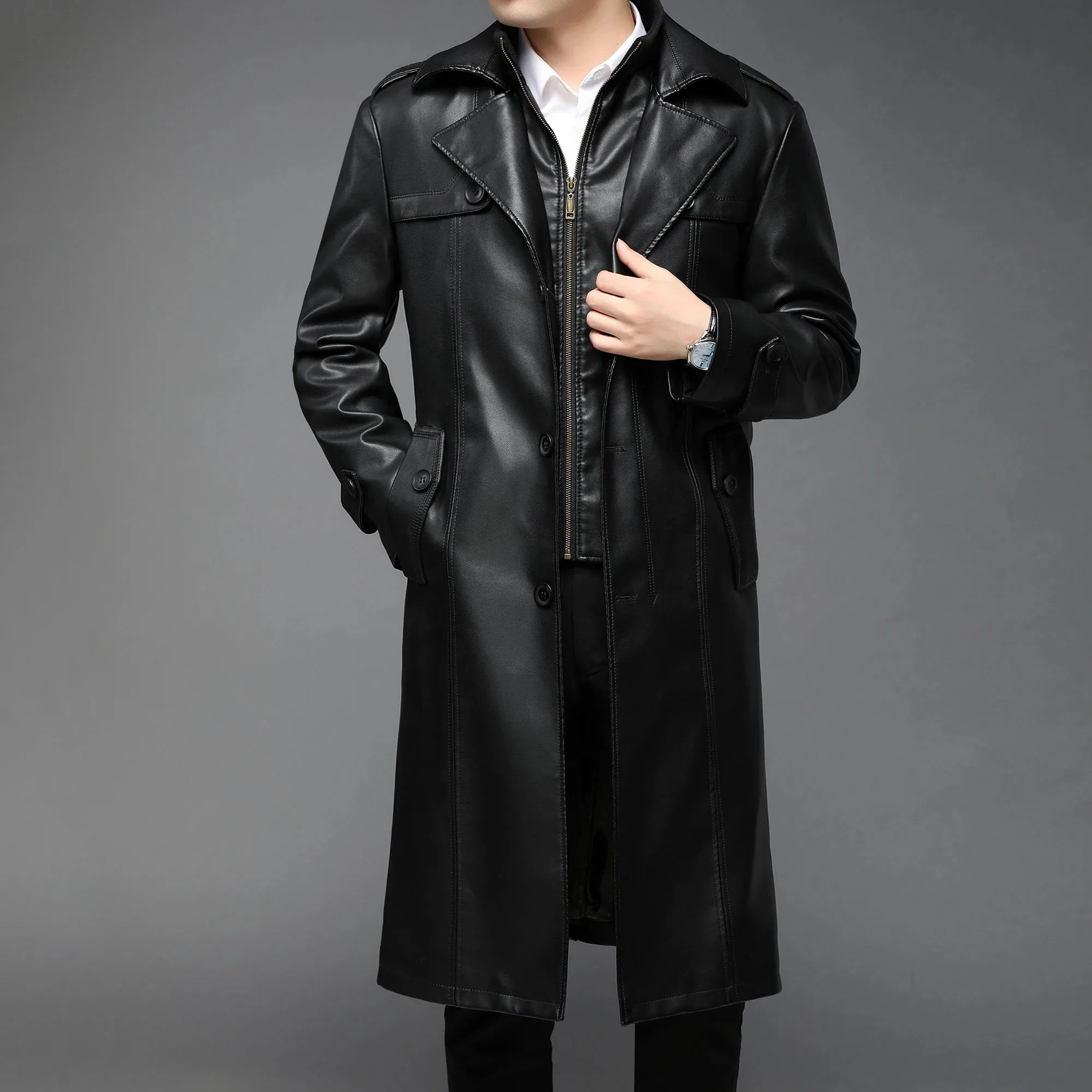 PU leather long coat