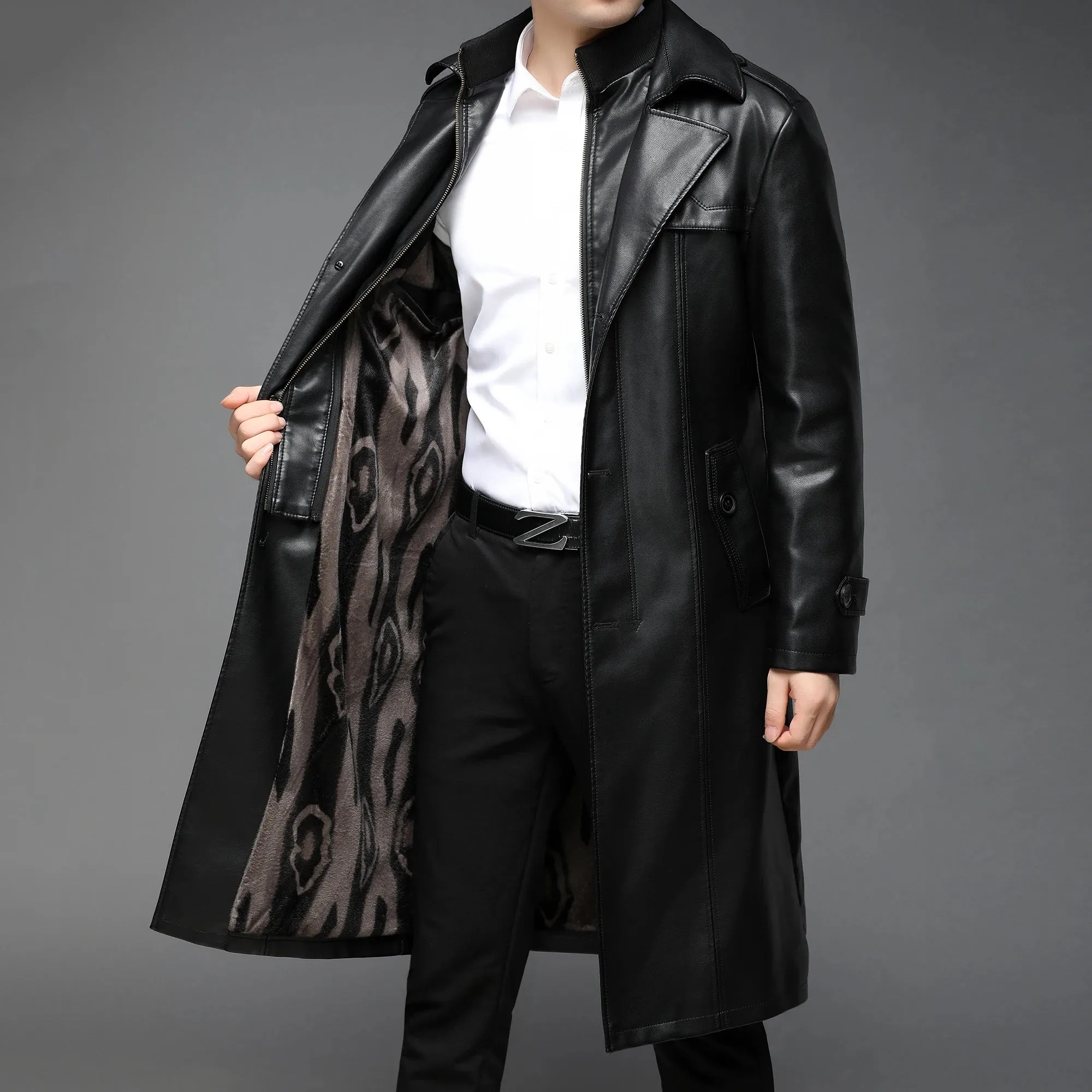 PU leather long coat