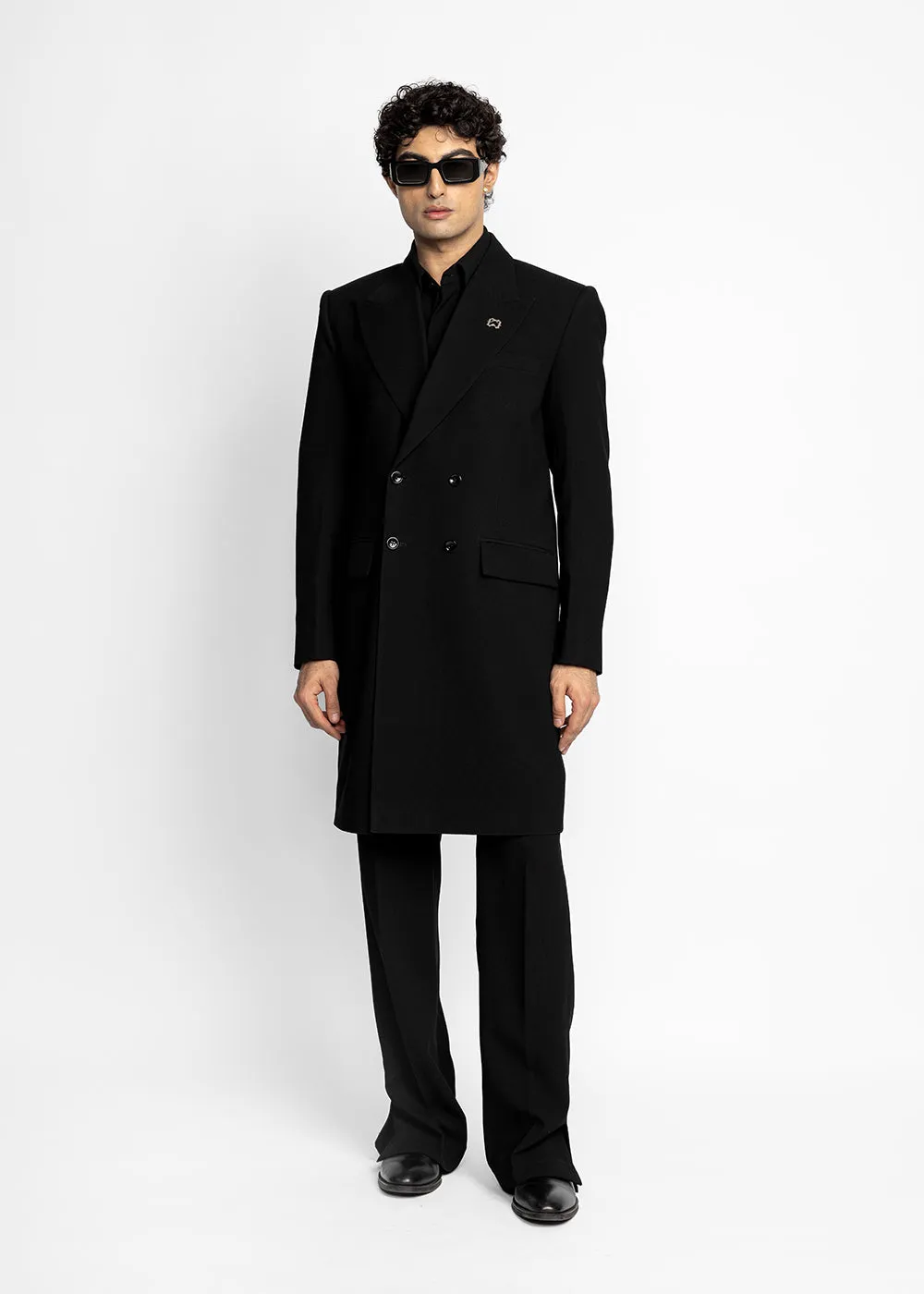 RICHES DOUBLE BREASTED OVERCOAT - BLACK