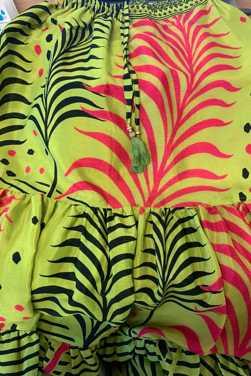 Rosie Maxi Skirt - Vintage Sari - Tropical Lime & Flamingo Pink Ferns - XS- S/M