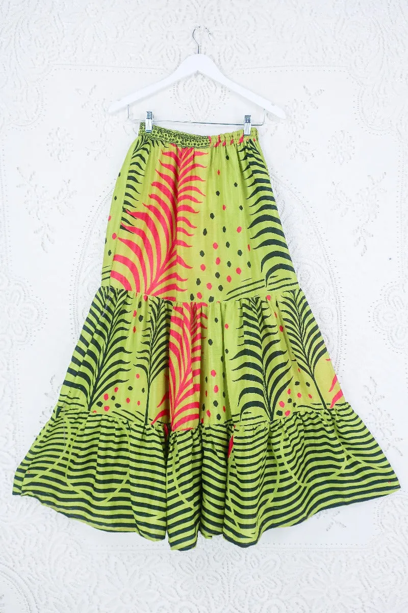 Rosie Maxi Skirt - Vintage Sari - Tropical Lime & Flamingo Pink Ferns - XS- S/M