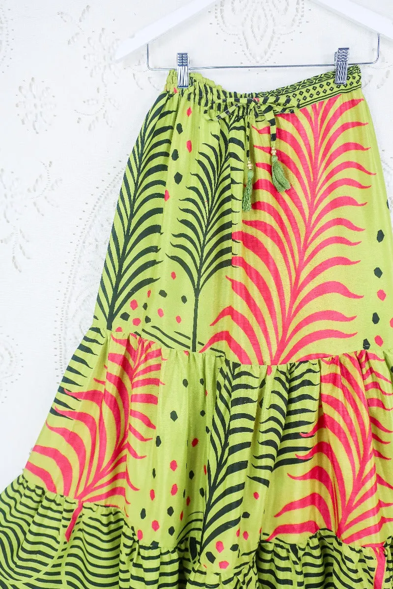 Rosie Maxi Skirt - Vintage Sari - Tropical Lime & Flamingo Pink Ferns - XS- S/M