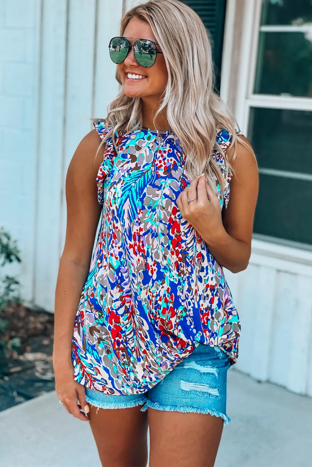 Rosy Boho Abstract Print Ruffle Babydoll Sleeveless Shirt – Your New Go-To for Effortless Chic 🌸✨