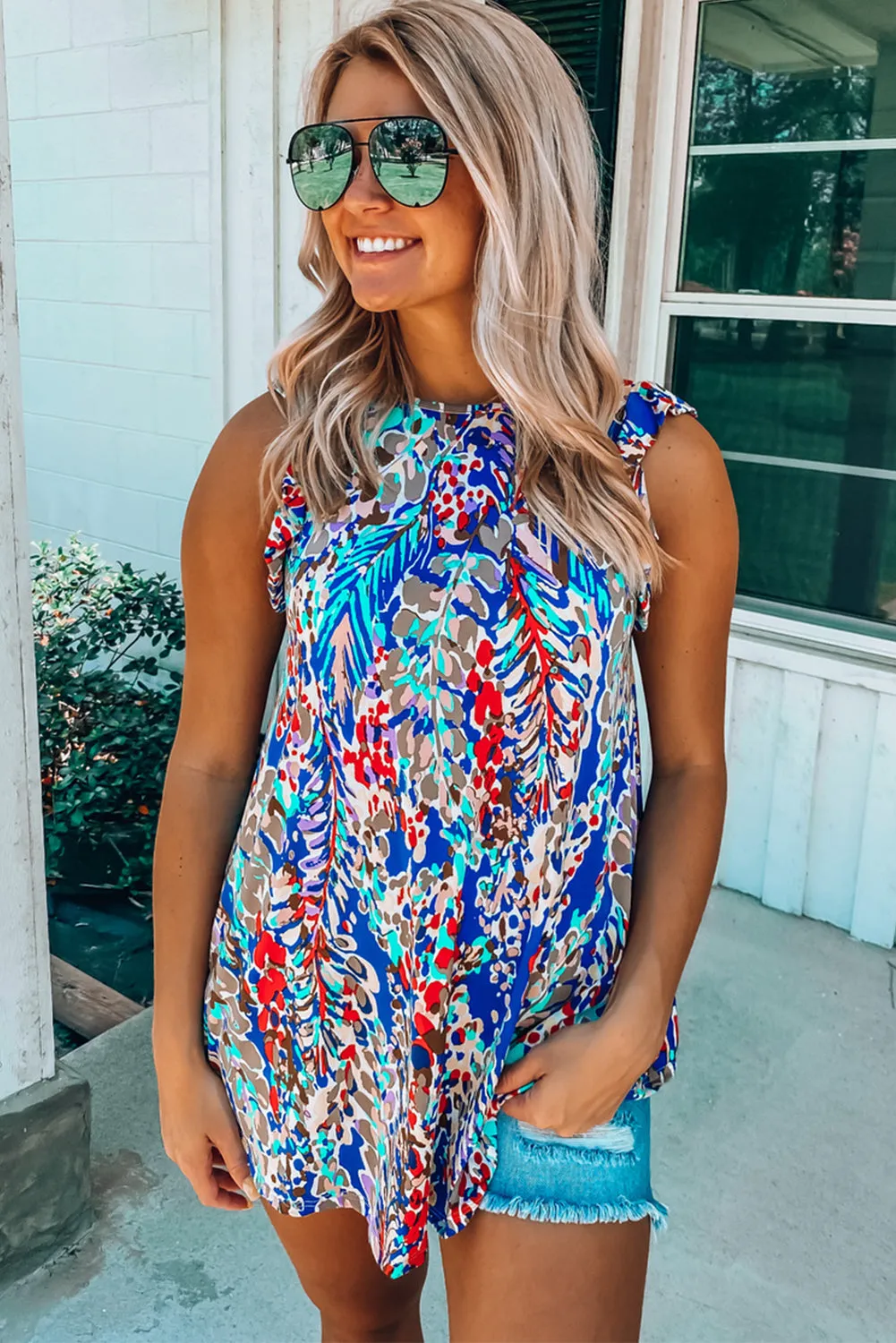 Rosy Boho Abstract Print Ruffle Babydoll Sleeveless Shirt – Your New Go-To for Effortless Chic 🌸✨