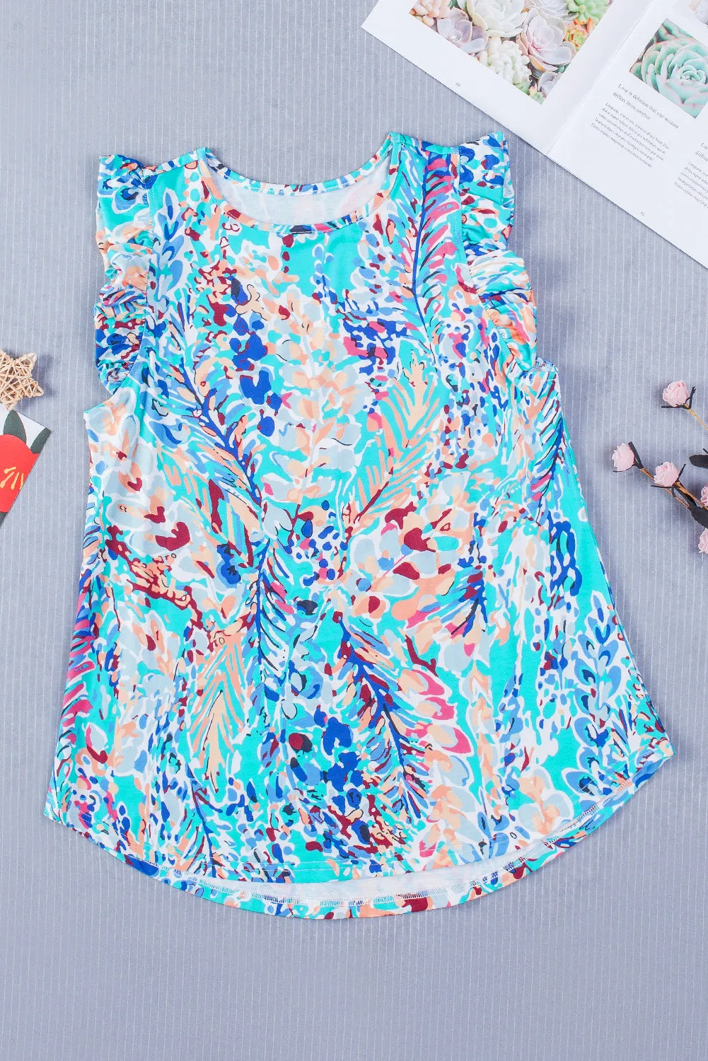 Rosy Boho Abstract Print Ruffle Babydoll Sleeveless Shirt – Your New Go-To for Effortless Chic 🌸✨