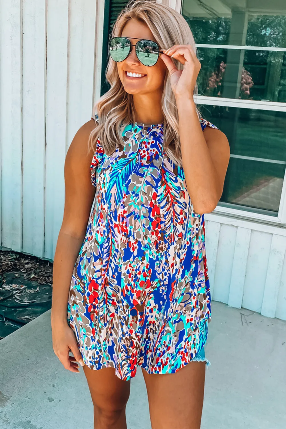 Rosy Boho Abstract Print Ruffle Babydoll Sleeveless Shirt – Your New Go-To for Effortless Chic 🌸✨