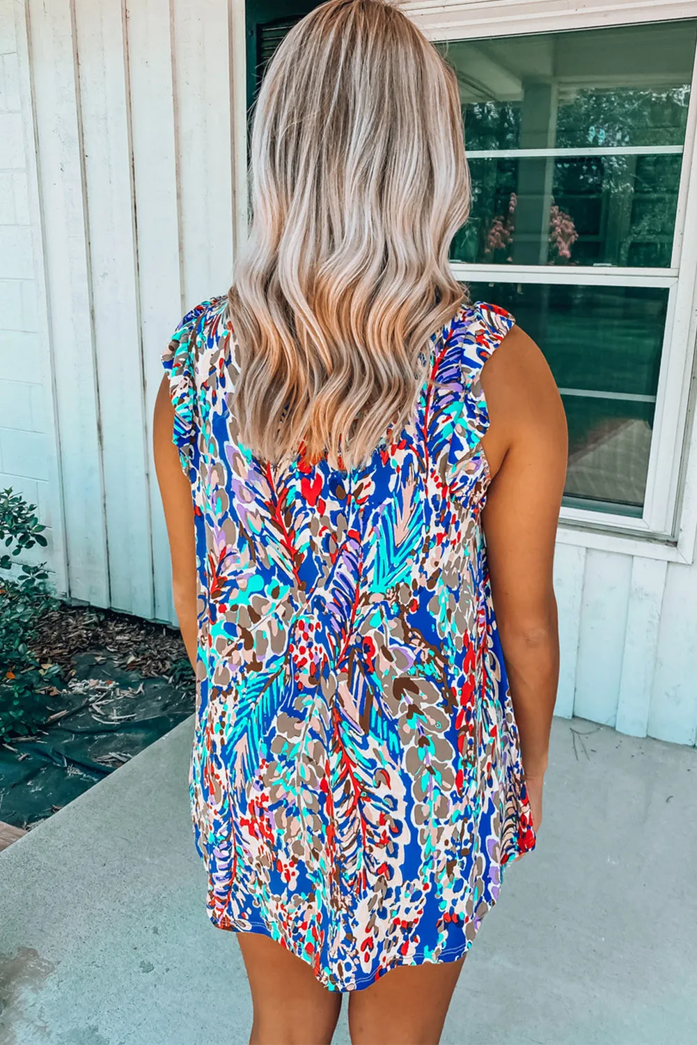 Rosy Boho Abstract Print Ruffle Babydoll Sleeveless Shirt – Your New Go-To for Effortless Chic 🌸✨