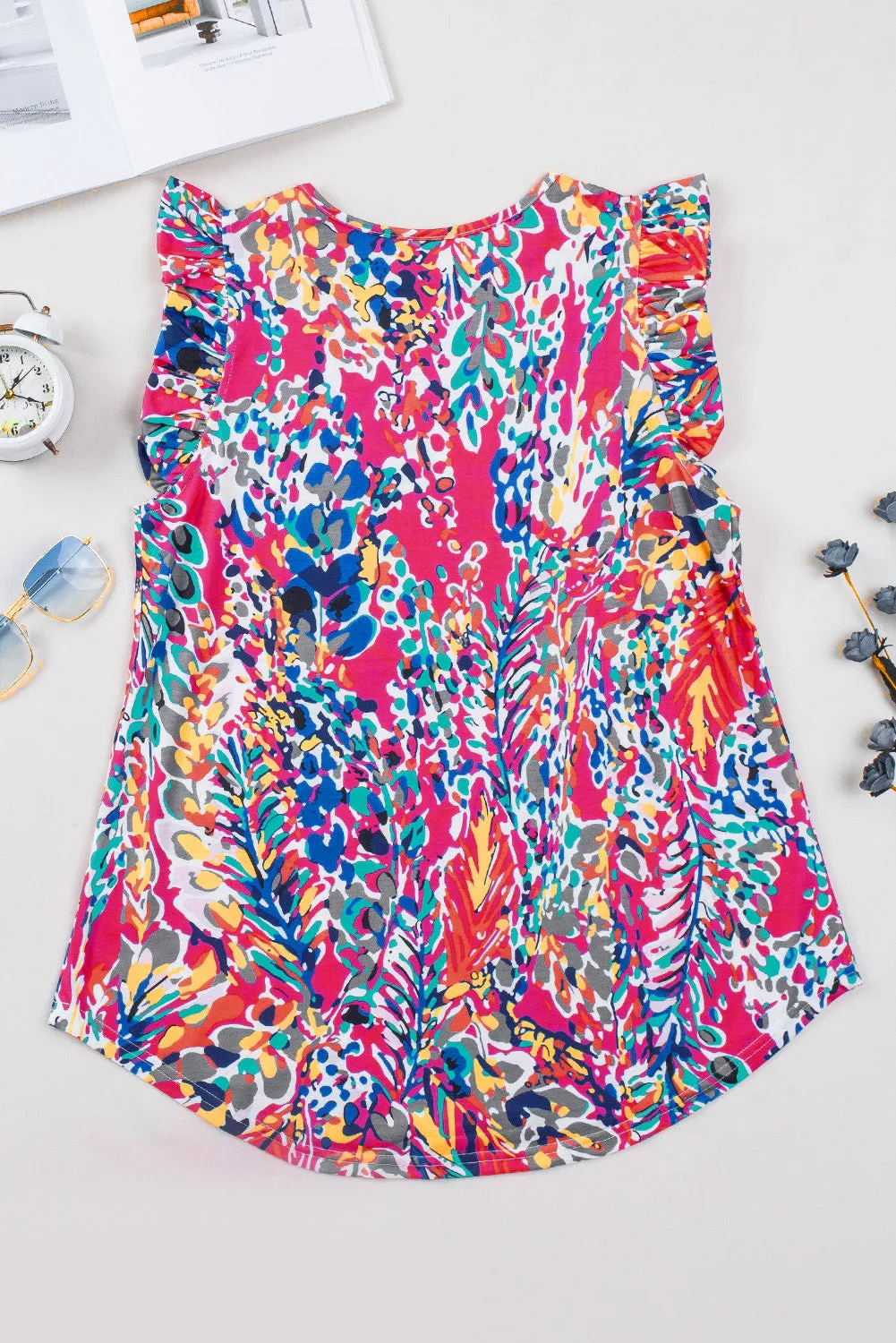 Rosy Boho Abstract Print Ruffle Babydoll Sleeveless Shirt – Your New Go-To for Effortless Chic 🌸✨