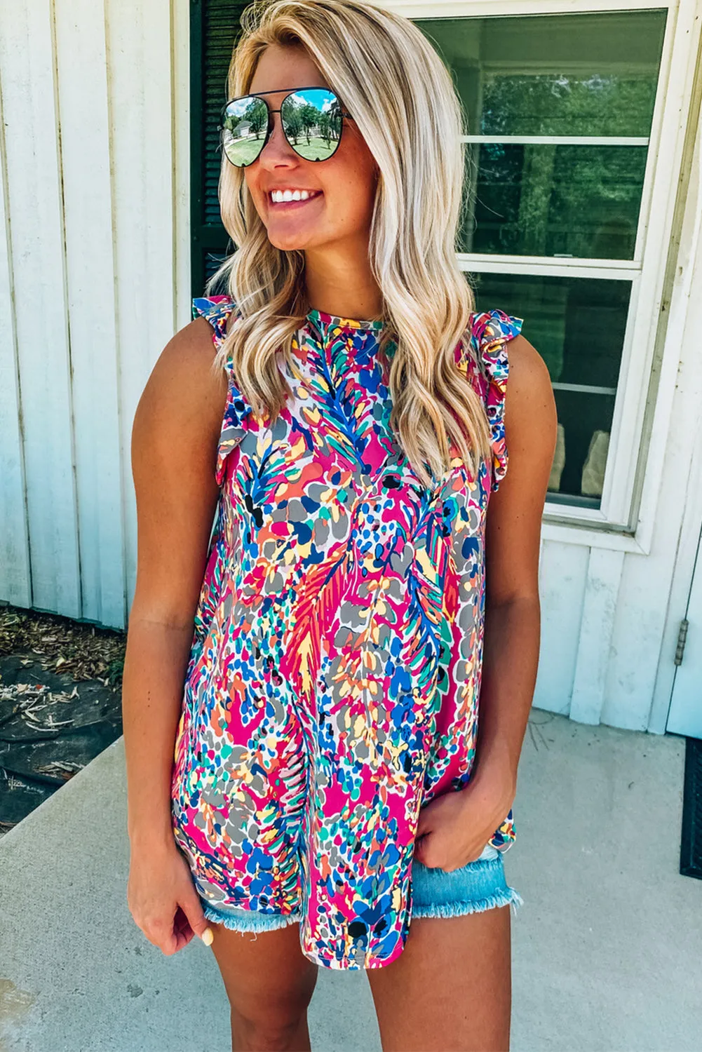 Rosy Boho Abstract Print Ruffle Babydoll Sleeveless Shirt – Your New Go-To for Effortless Chic 🌸✨