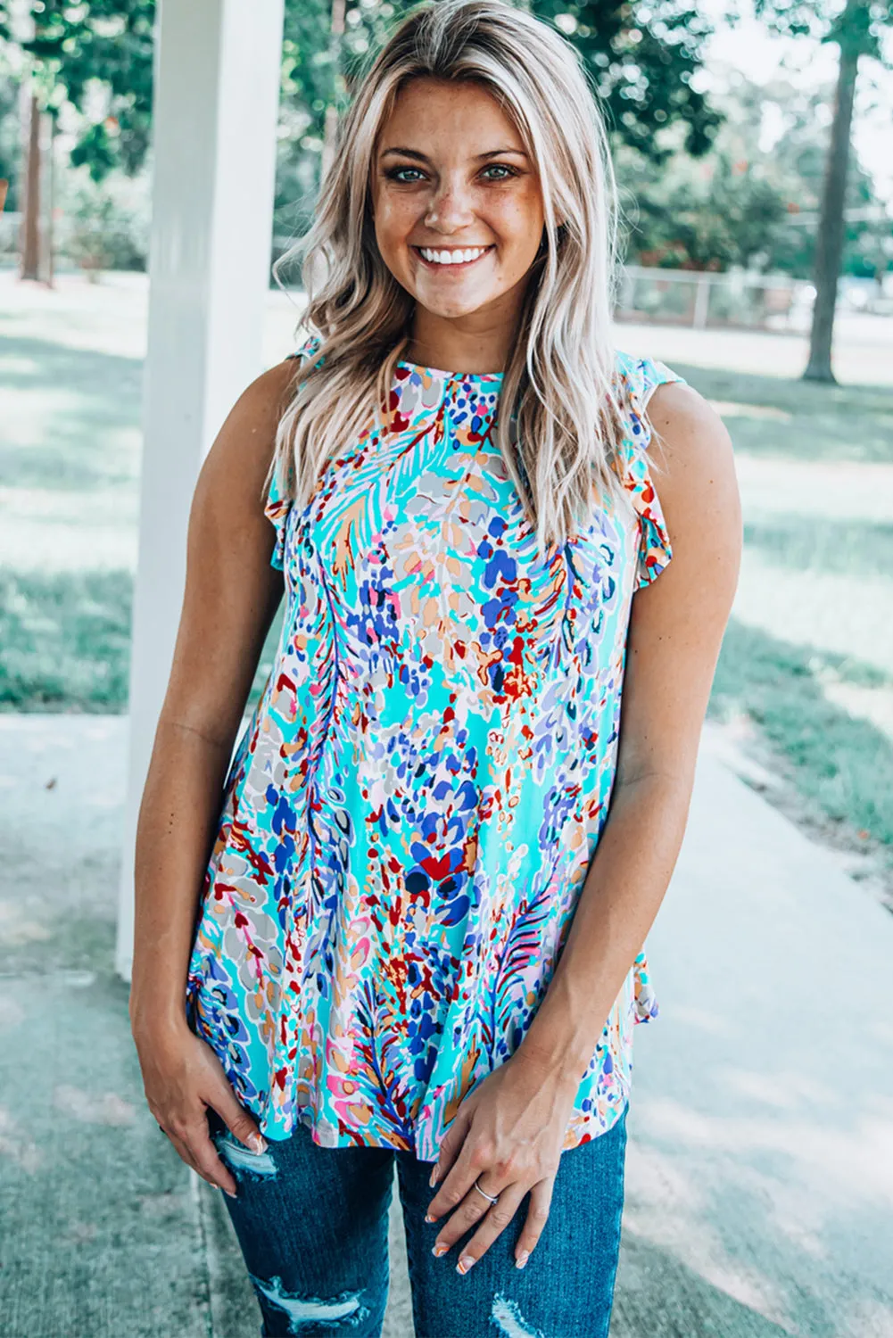 Rosy Boho Abstract Print Ruffle Babydoll Sleeveless Shirt – Your New Go-To for Effortless Chic 🌸✨