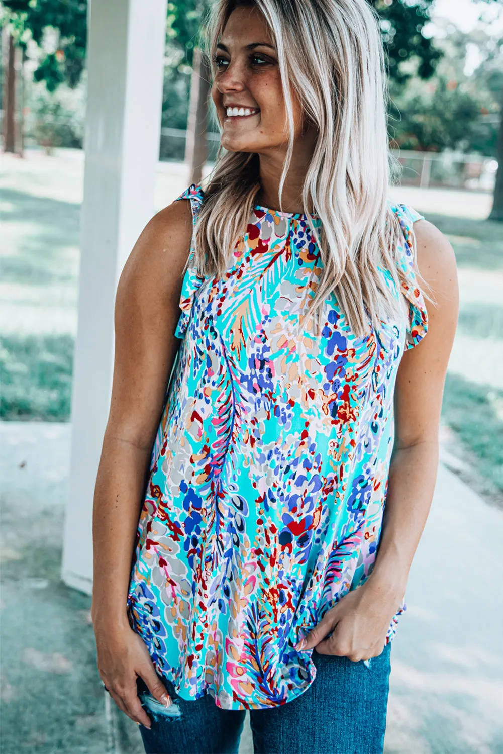 Rosy Boho Abstract Print Ruffle Babydoll Sleeveless Shirt – Your New Go-To for Effortless Chic 🌸✨