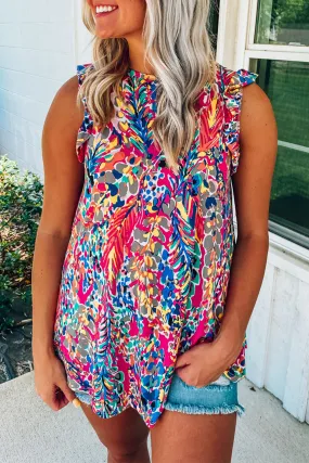 Rosy Boho Abstract Print Ruffle Babydoll Sleeveless Shirt – Your New Go-To for Effortless Chic 🌸✨