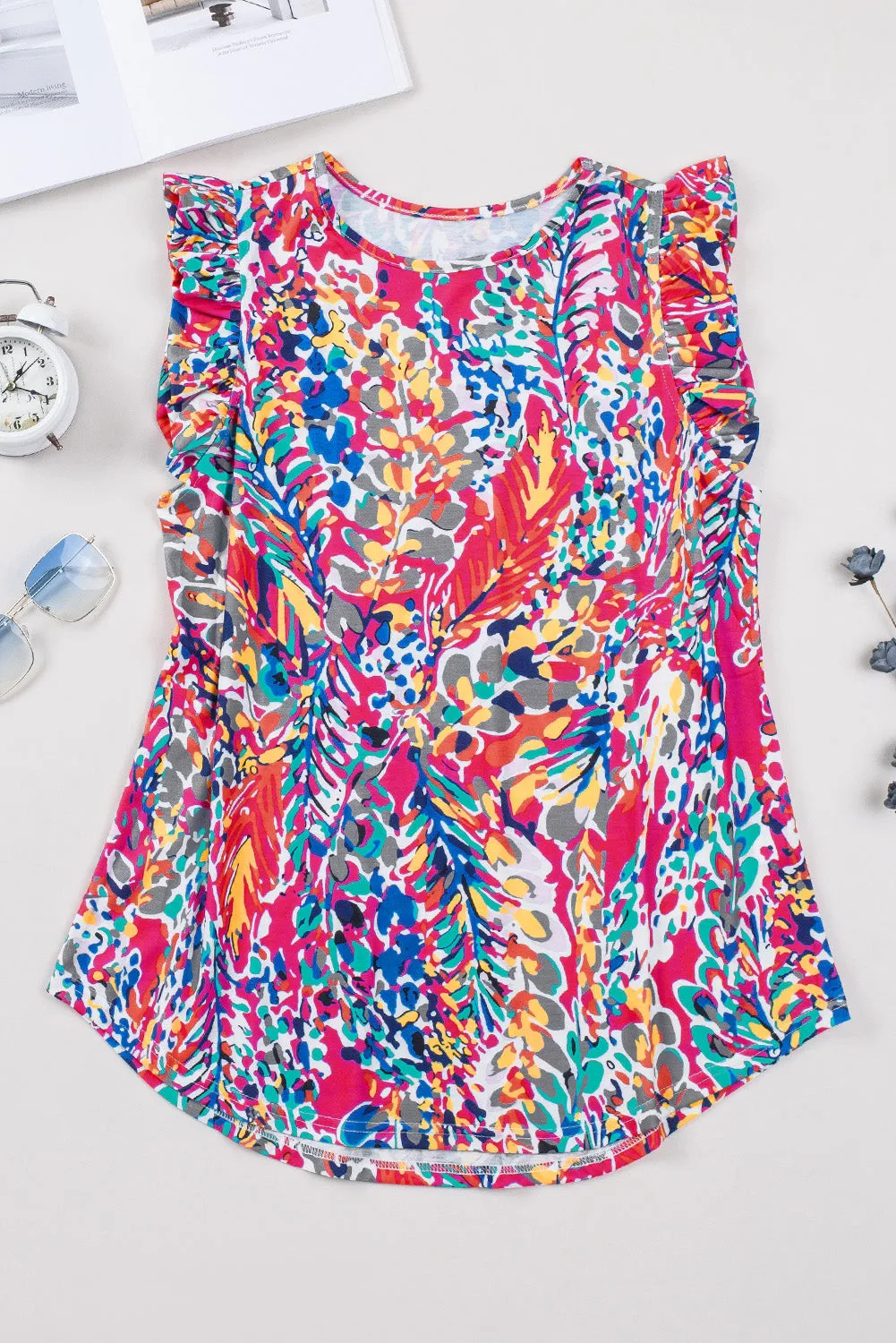 Rosy Boho Abstract Print Ruffle Babydoll Sleeveless Shirt – Your New Go-To for Effortless Chic 🌸✨