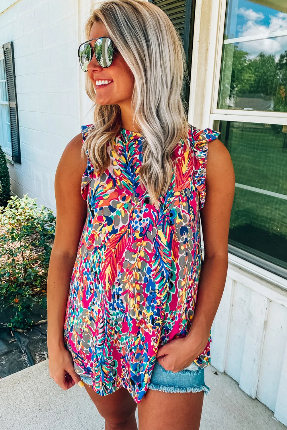 Rosy Boho Abstract Print Ruffle Babydoll Sleeveless Shirt – Your New Go-To for Effortless Chic 🌸✨