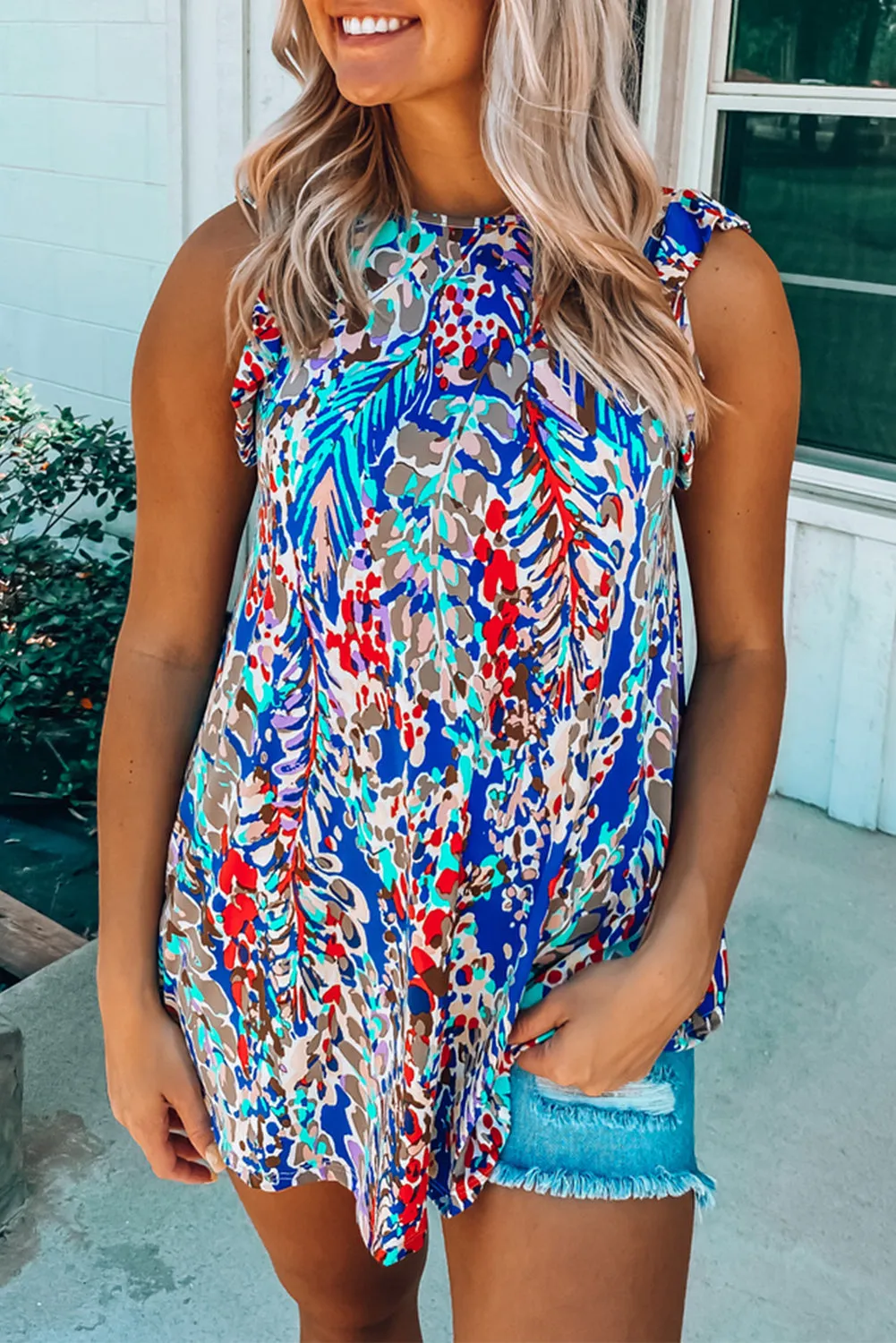 Rosy Boho Abstract Print Ruffle Babydoll Sleeveless Shirt – Your New Go-To for Effortless Chic 🌸✨