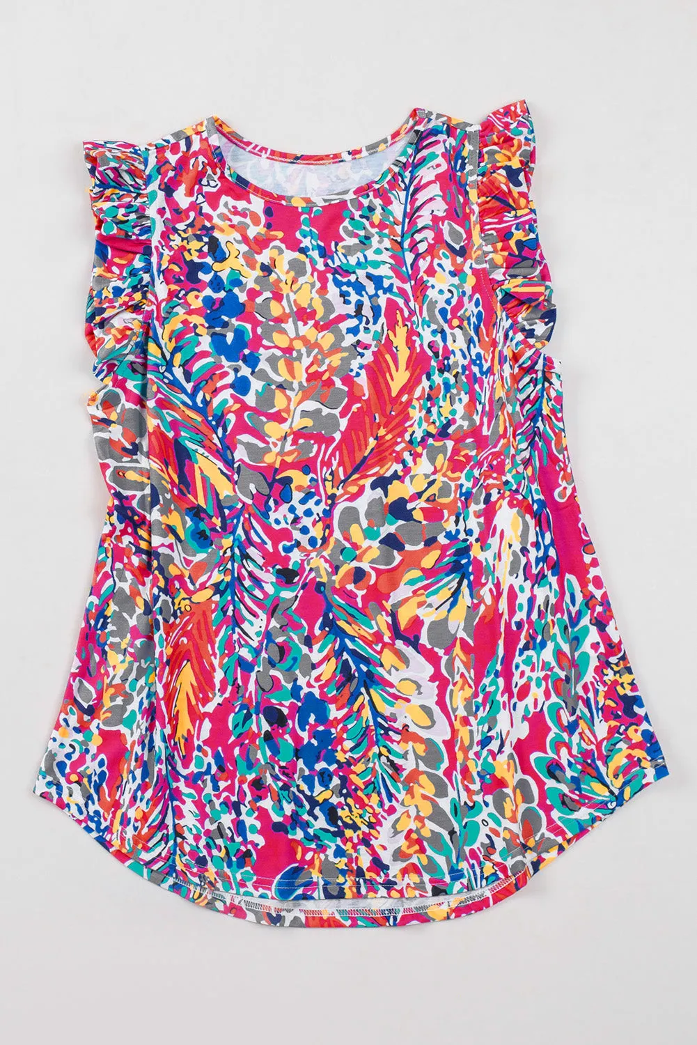 Rosy Boho Abstract Print Ruffle Babydoll Sleeveless Shirt – Your New Go-To for Effortless Chic 🌸✨