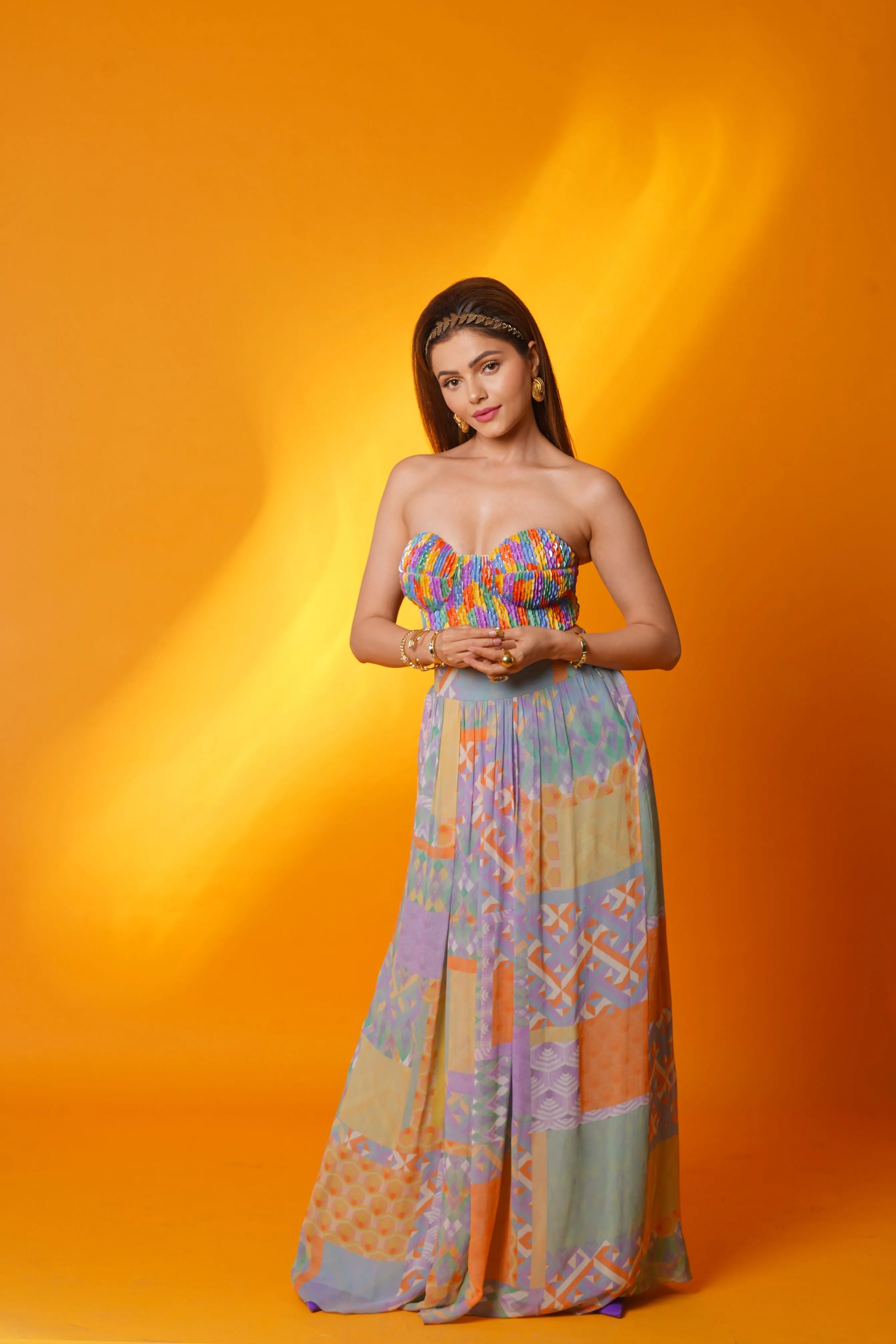 Rubina Dilaik in Nirmooha's Handcrafted Sequin Embroidered Bustier with Multi-Geo Gathered Maxi-Skirt with Handcrafted Sequin Belt from our Retro-Spection Collection